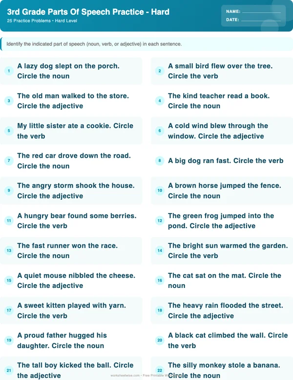 3rd Grade Parts of Speech Worksheets - Ocean Theme (Hard)