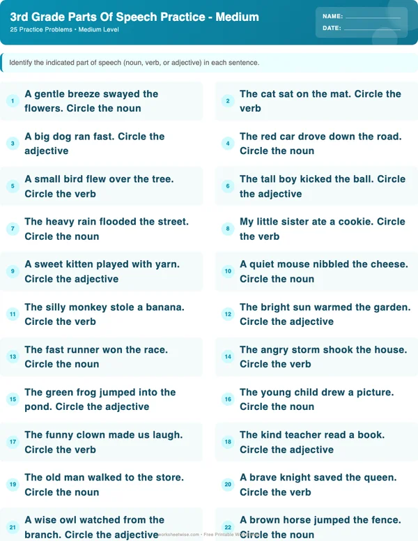 3rd Grade Parts of Speech Worksheets - Ocean Theme (Medium)