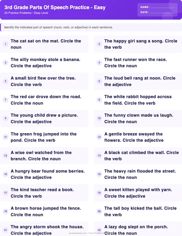 3rd Grade Parts of Speech Worksheets - Space Theme (Easy)