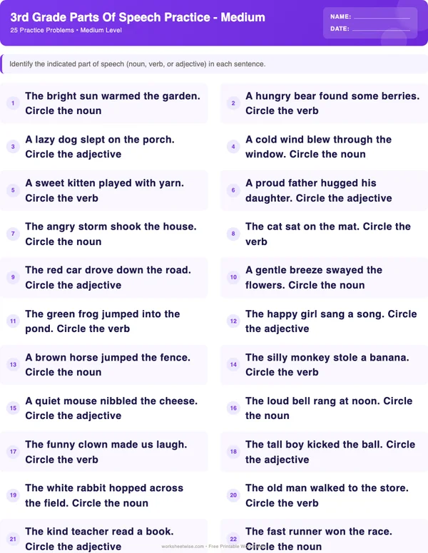 3rd Grade Parts of Speech Worksheets - Space Theme (Medium)