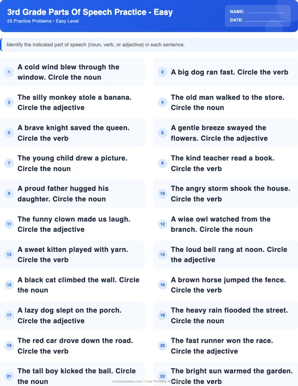 3rd Grade Parts of Speech Worksheets - Standard Theme (Easy)