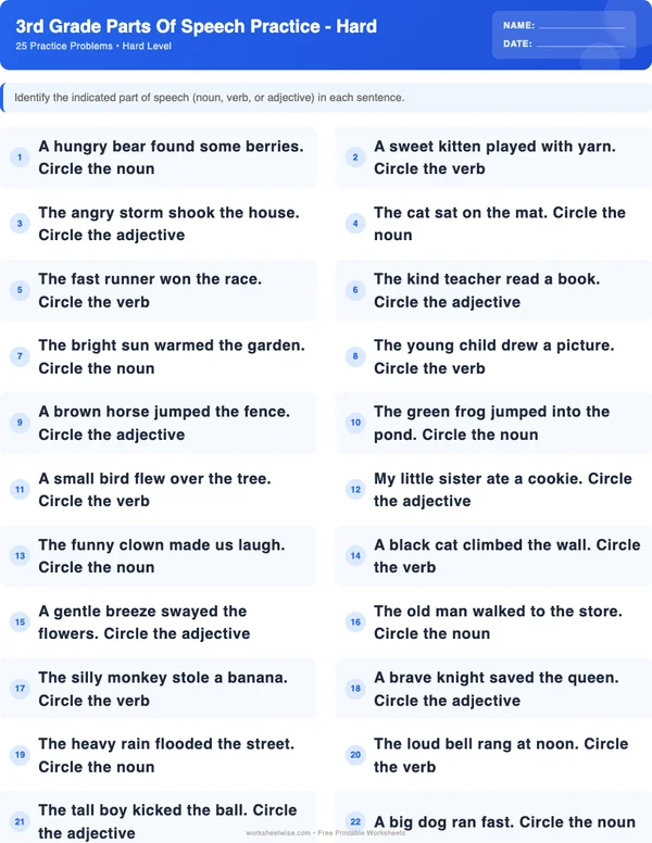 3rd Grade Parts of Speech Worksheets - Standard Theme (Hard)
