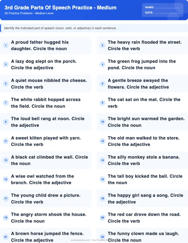 3rd Grade Parts of Speech Worksheets - Standard Theme (Medium)