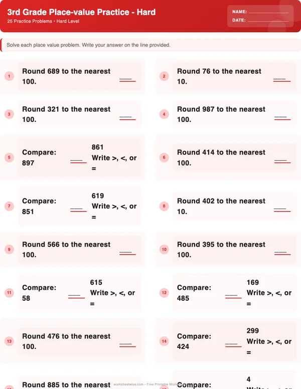 3rd Grade Place Value Worksheets - Christmas Theme (Hard)