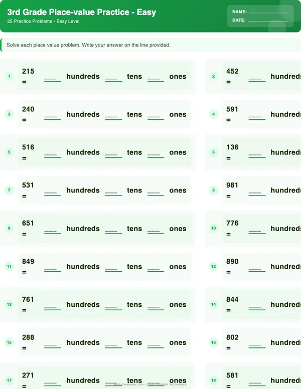 3rd Grade Place Value Worksheets - Dinosaur Theme (Easy)