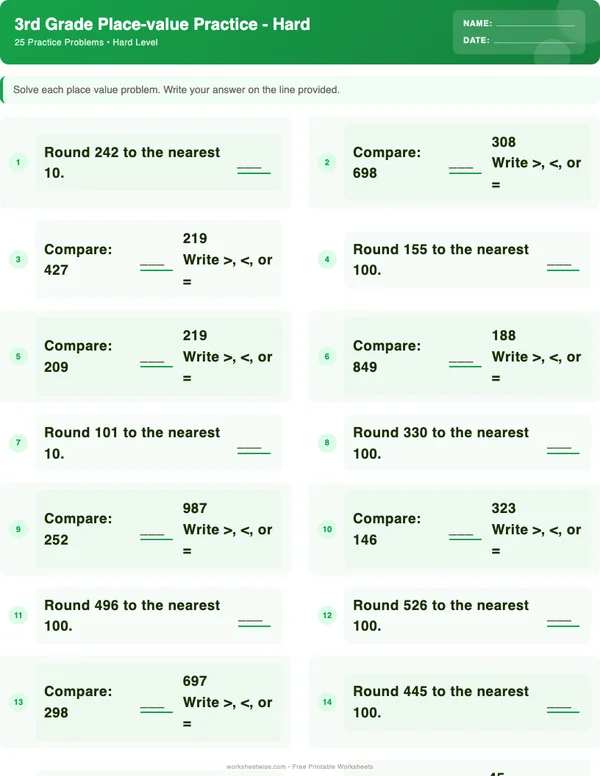 3rd Grade Place Value Worksheets - Dinosaur Theme (Hard)