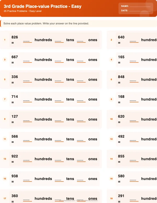 3rd Grade Place Value Worksheets - Halloween Theme (Easy)