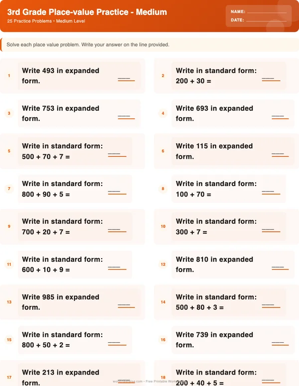 3rd Grade Place Value Worksheets - Halloween Theme (Medium)