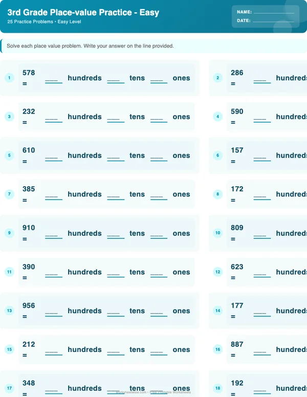 3rd Grade Place Value Worksheets - Ocean Theme (Easy)