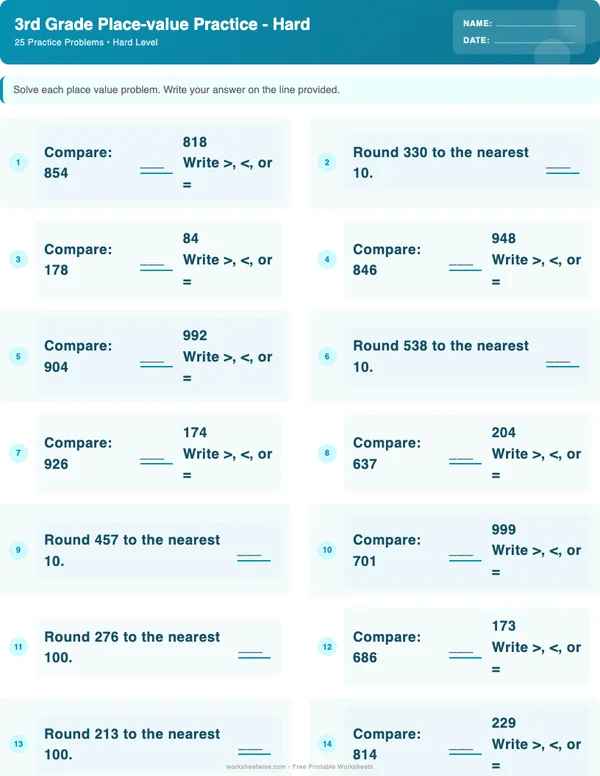3rd Grade Place Value Worksheets - Ocean Theme (Hard)