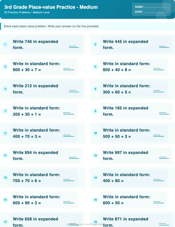 3rd Grade Place Value Worksheets - Ocean Theme (Medium)