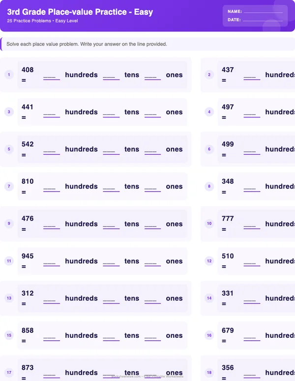 3rd Grade Place Value Worksheets - Space Theme (Easy)
