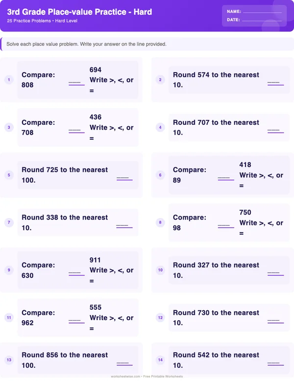 3rd Grade Place Value Worksheets - Space Theme (Hard)