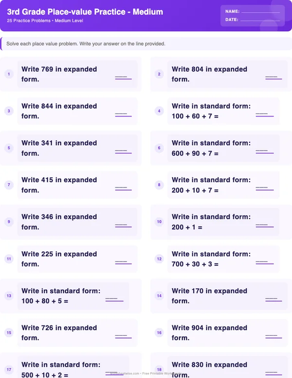 3rd Grade Place Value Worksheets - Space Theme (Medium)