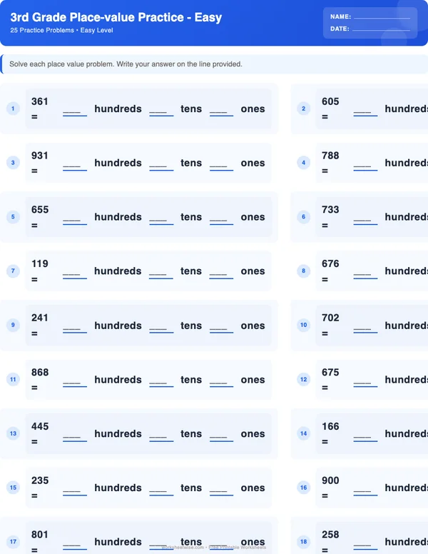 3rd Grade Place Value Worksheets - Standard Theme (Easy)
