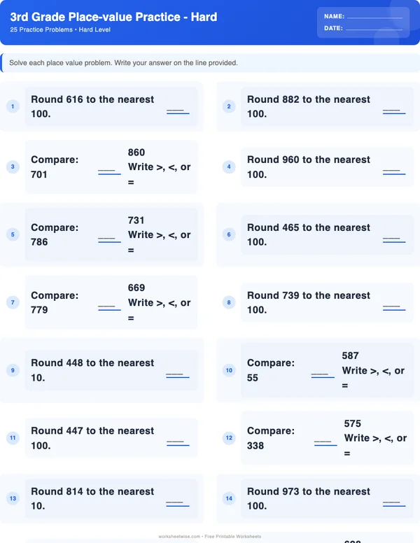 3rd Grade Place Value Worksheets - Standard Theme (Hard)