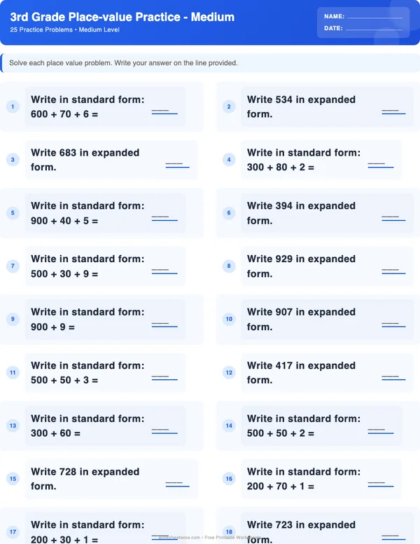 3rd Grade Place Value Worksheets - Standard Theme (Medium)