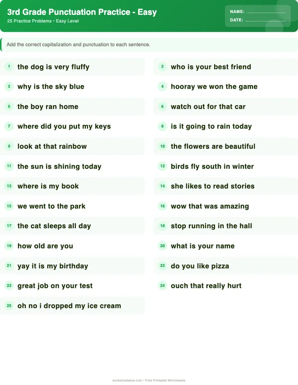 3rd Grade Punctuation Worksheets - Dinosaur Theme (Easy)