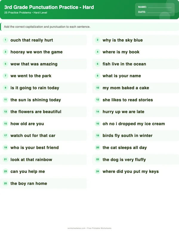 3rd Grade Punctuation Worksheets - Dinosaur Theme (Hard)