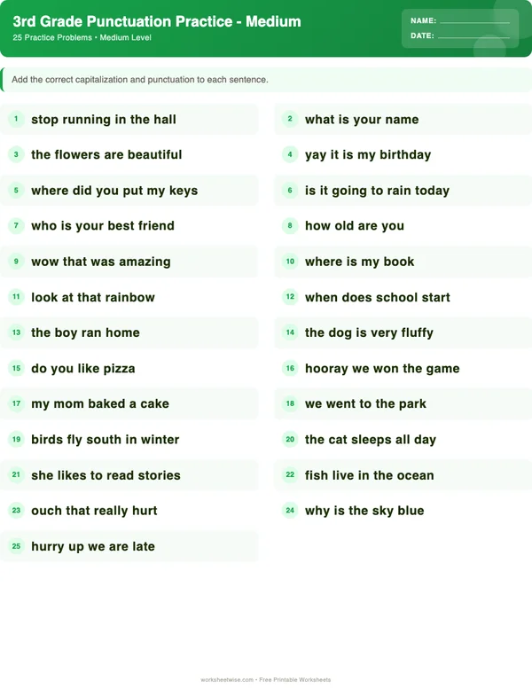 3rd Grade Punctuation Worksheets - Dinosaur Theme (Medium)