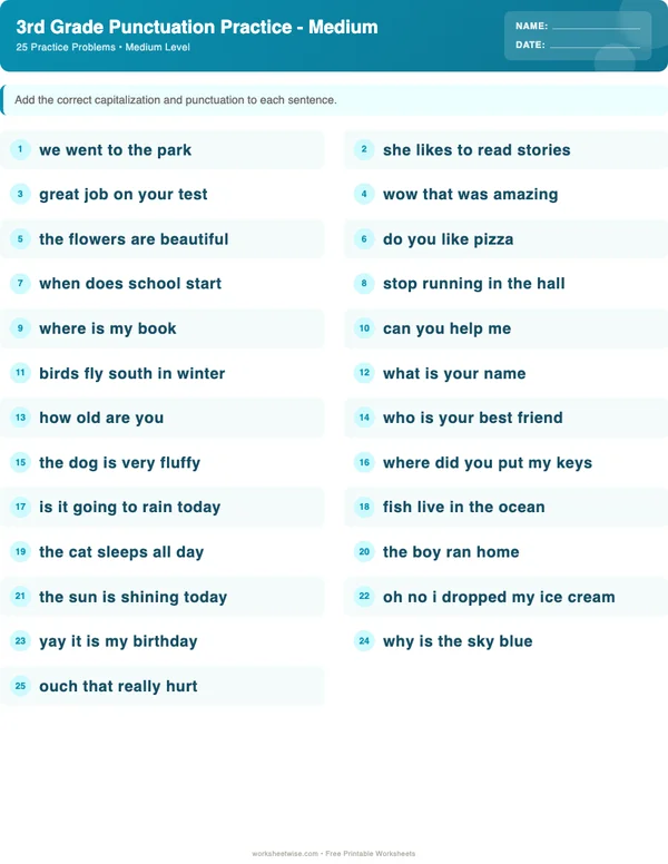 3rd Grade Punctuation Worksheets - Ocean Theme (Medium)