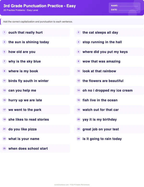 3rd Grade Punctuation Worksheets - Space Theme (Easy)