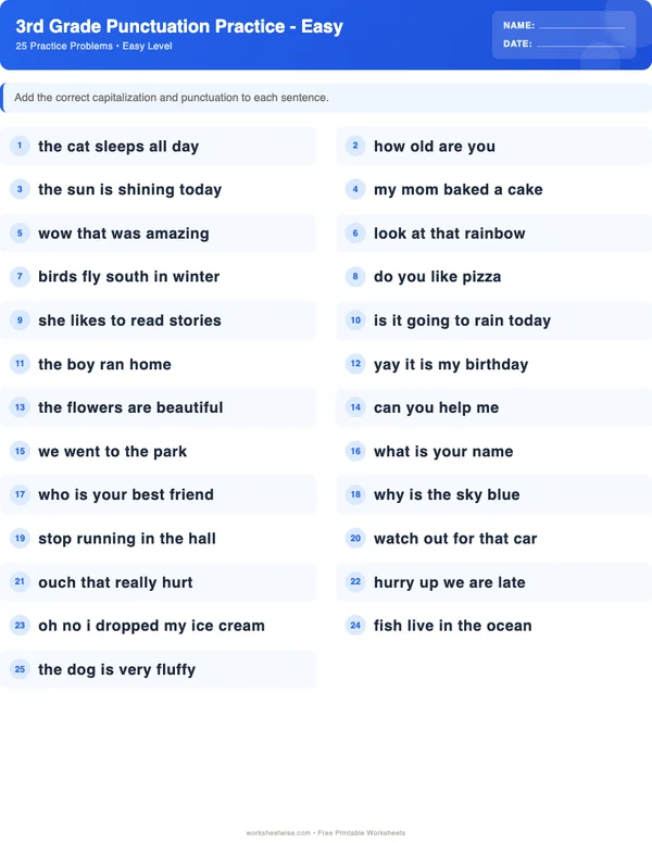 3rd Grade Punctuation Worksheets - Standard Theme (Easy)