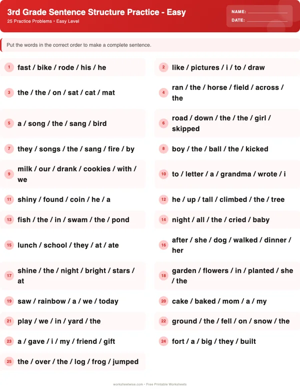 3rd Grade Sentence Structure Worksheets - Christmas Theme (Easy)