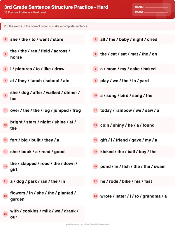 3rd Grade Sentence Structure Worksheets - Christmas Theme (Hard)