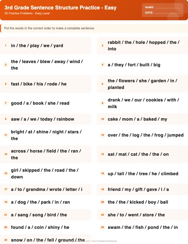 3rd Grade Sentence Structure Worksheets - Halloween Theme (Easy)