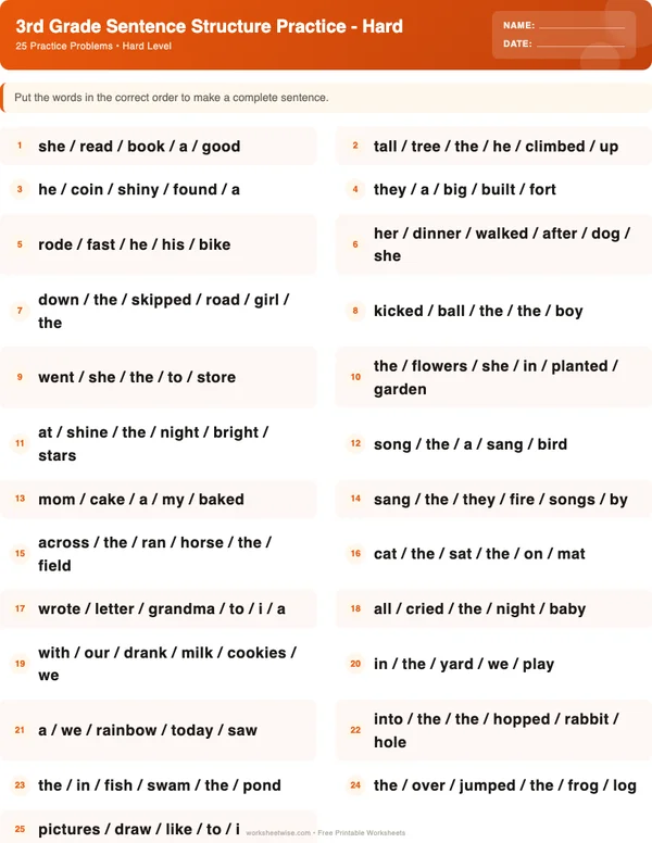 3rd Grade Sentence Structure Worksheets - Halloween Theme (Hard)