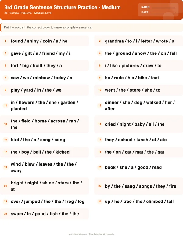 3rd Grade Sentence Structure Worksheets - Halloween Theme (Medium)