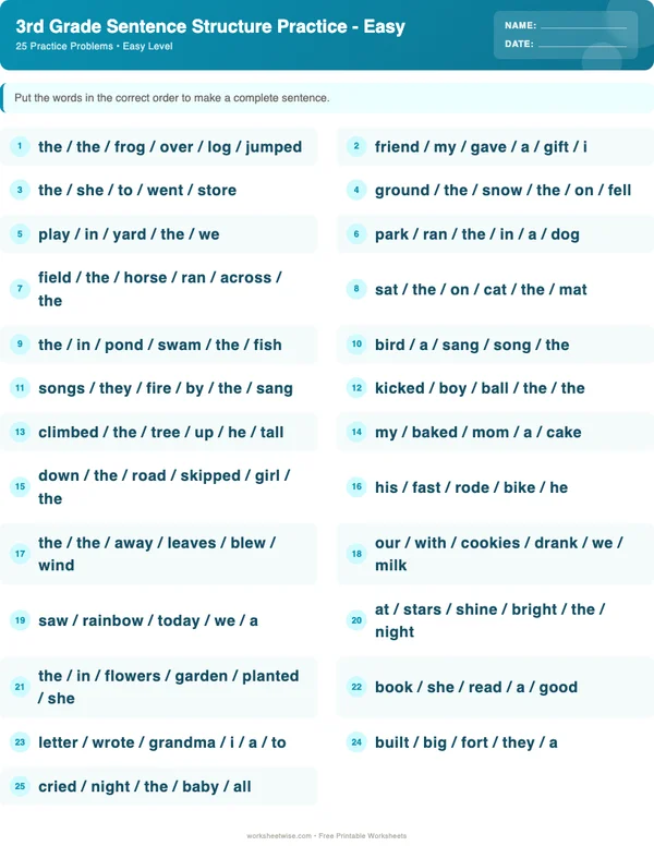 3rd Grade Sentence Structure Worksheets - Ocean Theme (Easy)