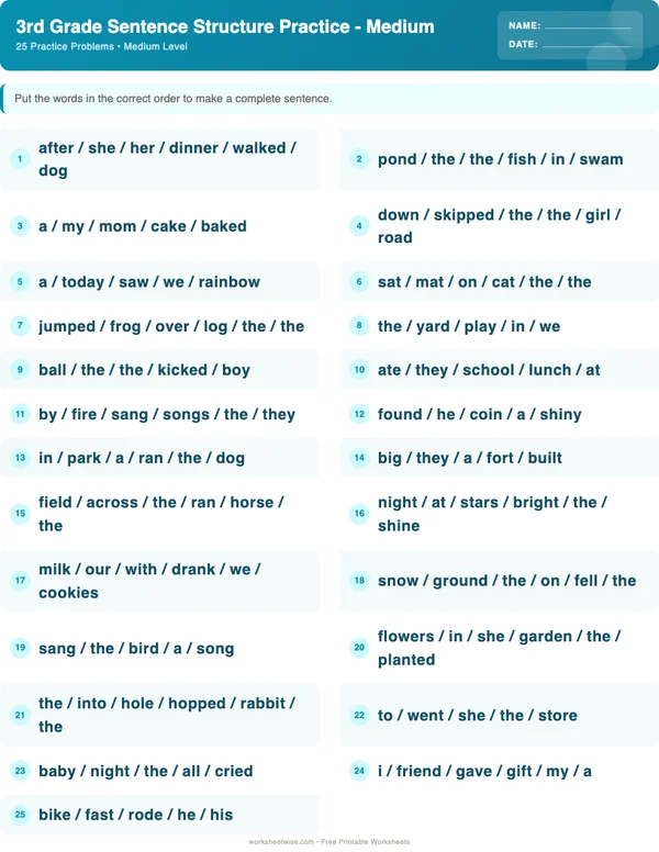 3rd Grade Sentence Structure Worksheets - Ocean Theme (Medium)