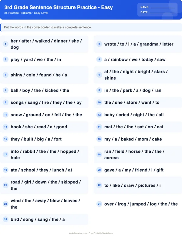 3rd Grade Sentence Structure Worksheets - Standard Theme (Easy)