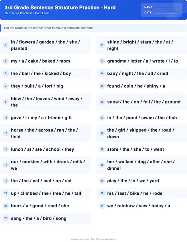 3rd Grade Sentence Structure Worksheets - Standard Theme (Hard)