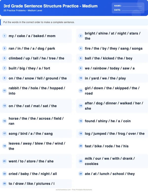 3rd Grade Sentence Structure Worksheets - Standard Theme (Medium)