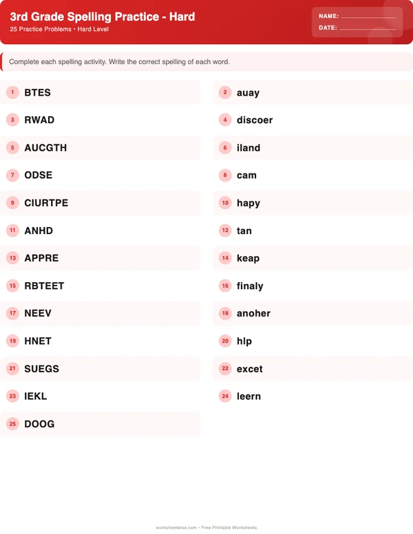 3rd Grade Spelling Words Worksheets - Christmas Theme (Hard)