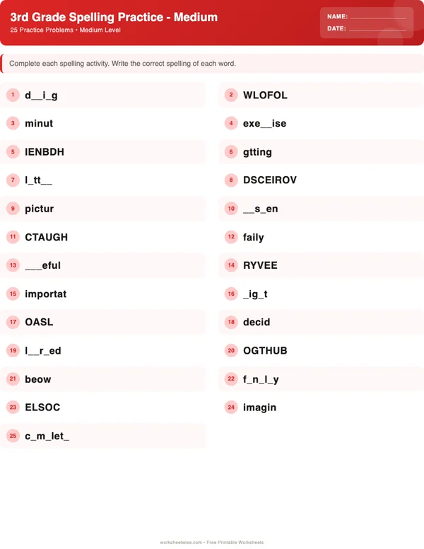 3rd Grade Spelling Words Worksheets - Christmas Theme (Medium)