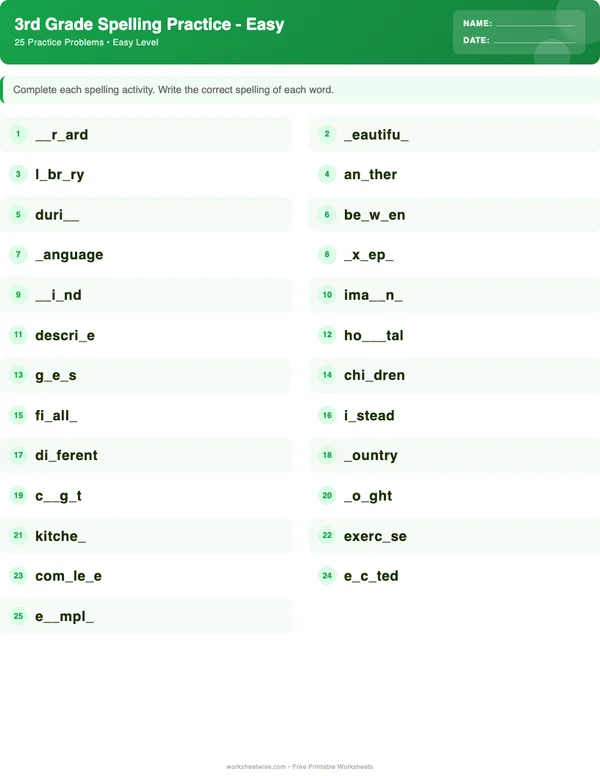 3rd Grade Spelling Words Worksheets - Dinosaur Theme (Easy)