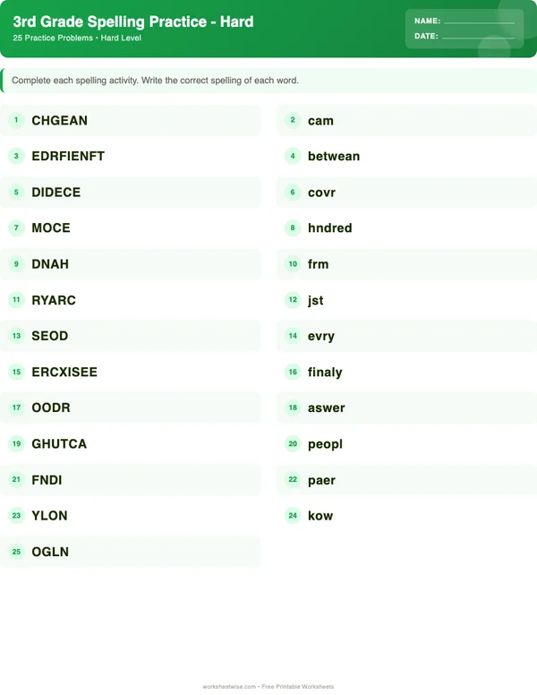 3rd Grade Spelling Words Worksheets - Dinosaur Theme (Hard)