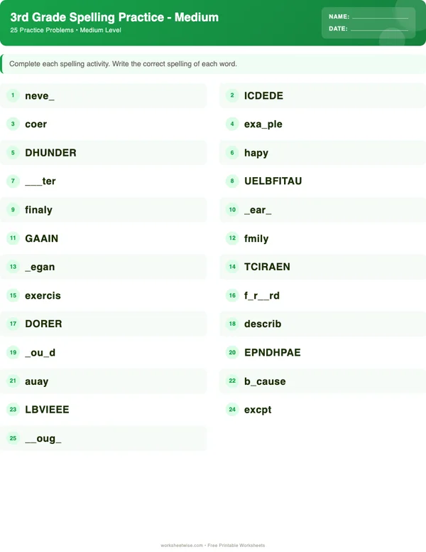 3rd Grade Spelling Words Worksheets - Dinosaur Theme (Medium)