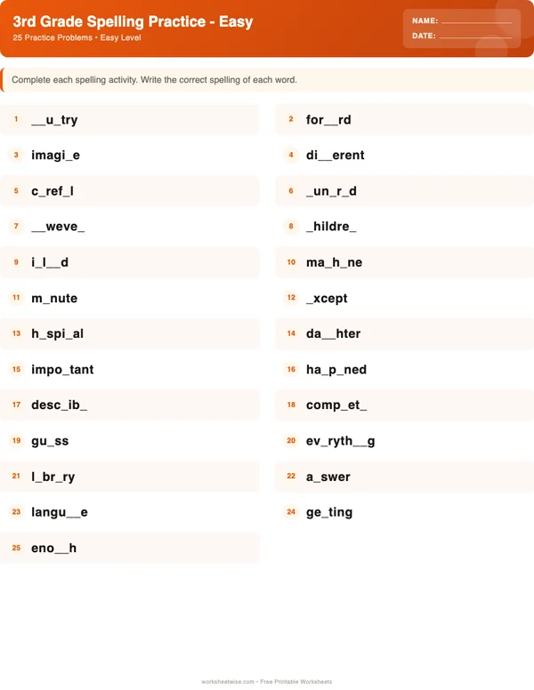 3rd Grade Spelling Words Worksheets - Halloween Theme (Easy)