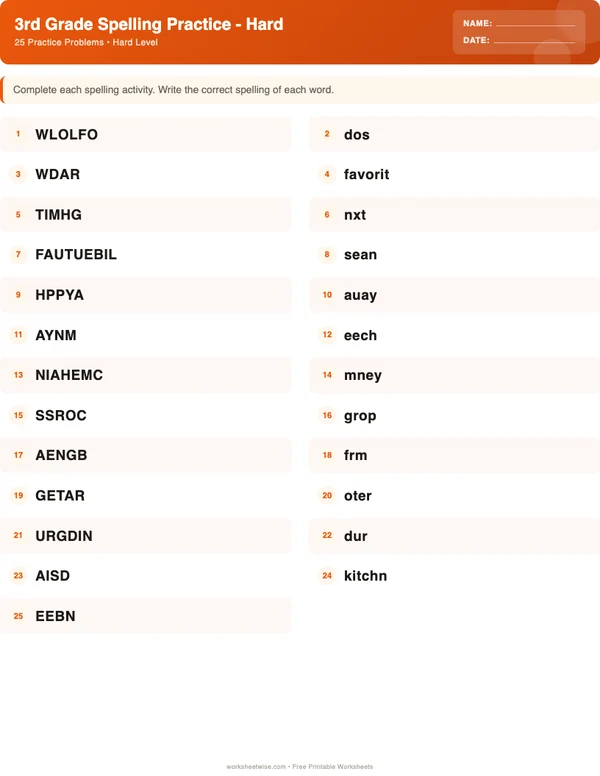 3rd Grade Spelling Words Worksheets - Halloween Theme (Hard)