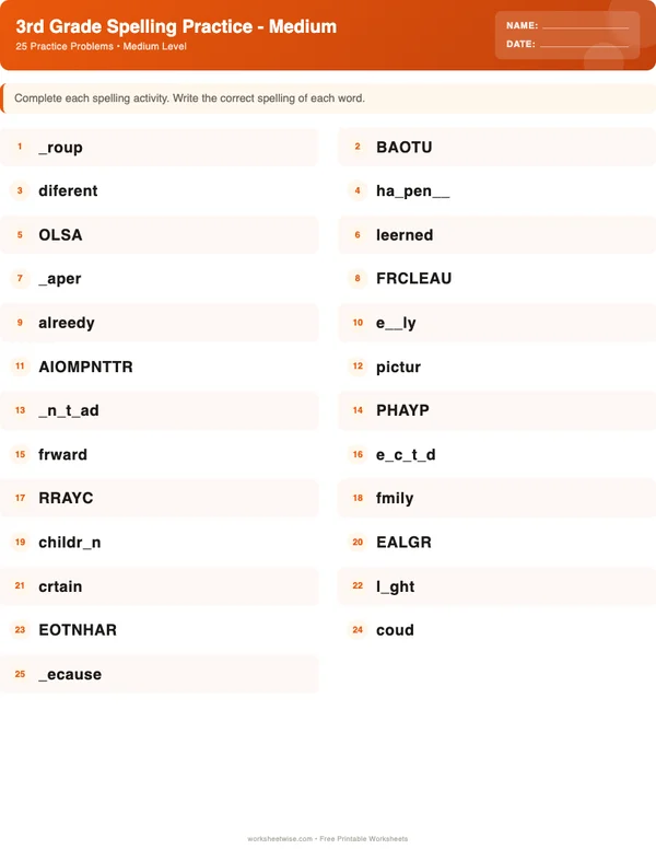 3rd Grade Spelling Words Worksheets - Halloween Theme (Medium)