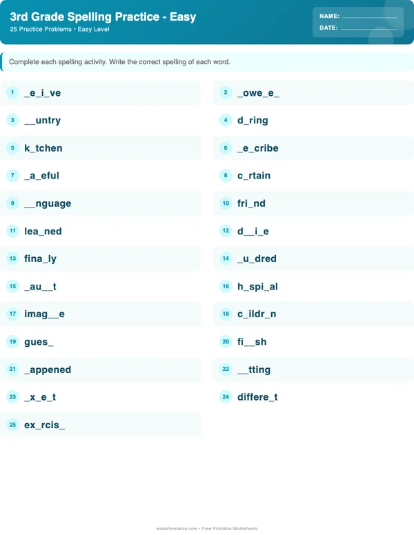 3rd Grade Spelling Words Worksheets - Ocean Theme (Easy)
