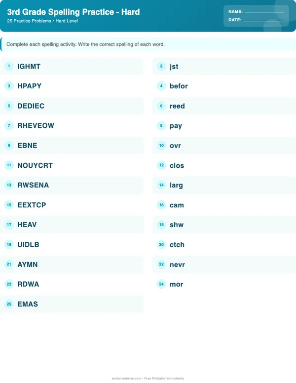 3rd Grade Spelling Words Worksheets - Ocean Theme (Hard)