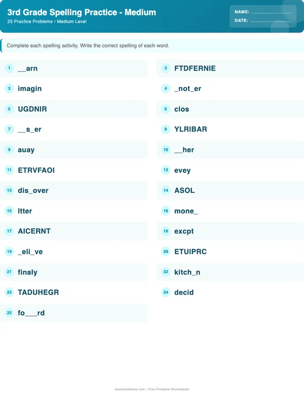 3rd Grade Spelling Words Worksheets - Ocean Theme (Medium)