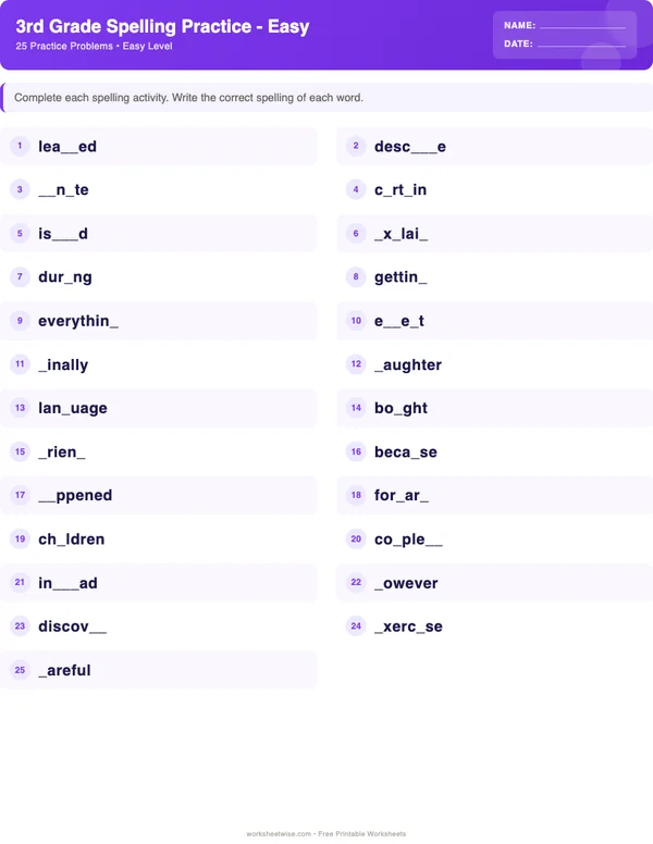 3rd Grade Spelling Words Worksheets - Space Theme (Easy)