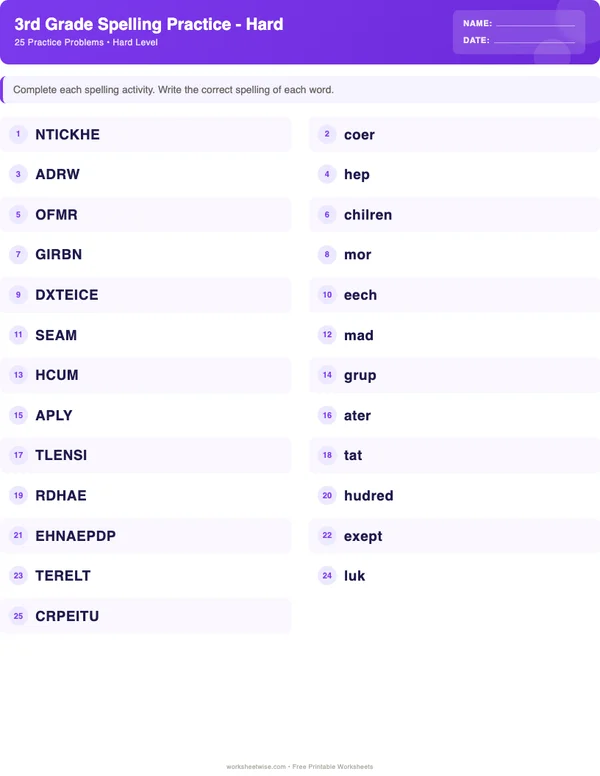 3rd Grade Spelling Words Worksheets - Space Theme (Hard)
